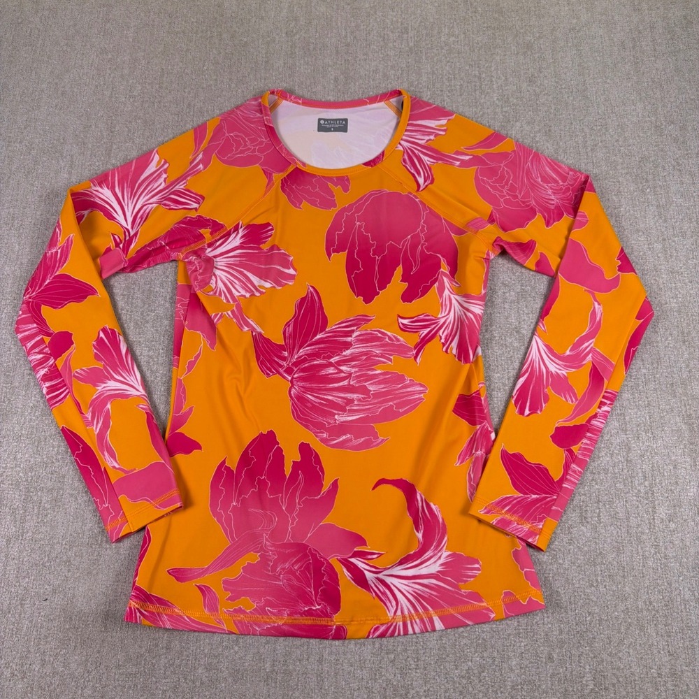 Athleta Orange Pink Floral Pacifica UPF 50+‎ Long Sleeve Rash Guard Top Small